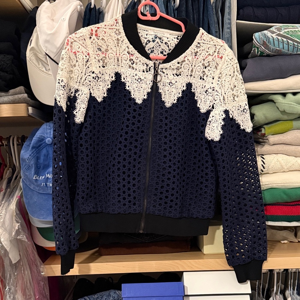 Lucy Paris Navy Bomber Jacket with White Lace Overlay